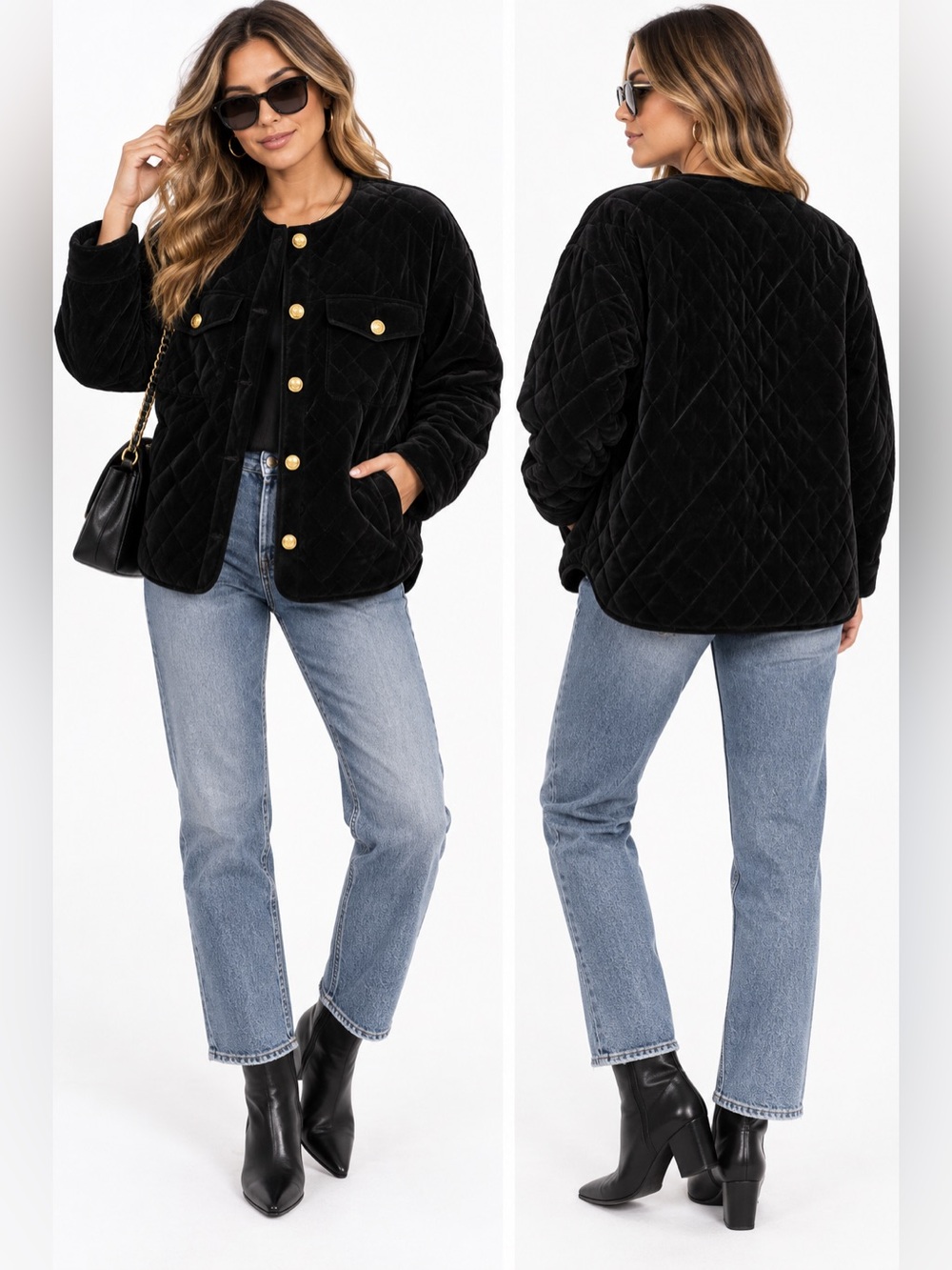Black Quilted Velvet Jacket with Gold Buttons